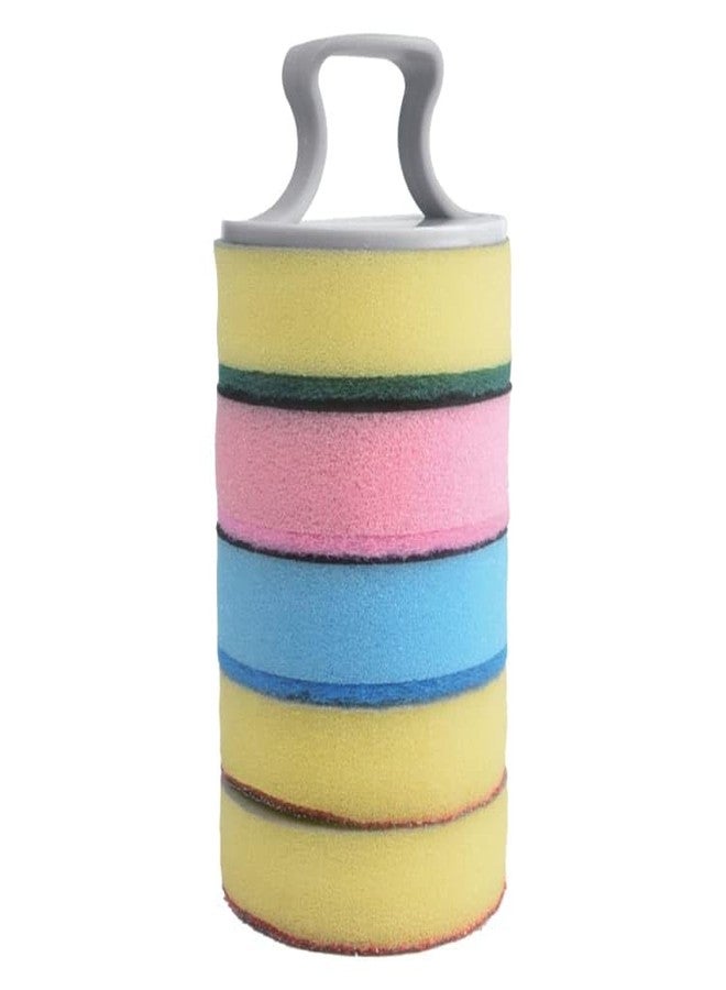 SOLDTRUE Multipurpose Round Dish Cleaning Sponge | Non-Scratch for Kitchen, Set of 5 Sponges + 1 Holder, Multi-Color | Durable & Gentle on Surfaces | Ideal for Dishwashing & Kitchen Cleaning - Image 1